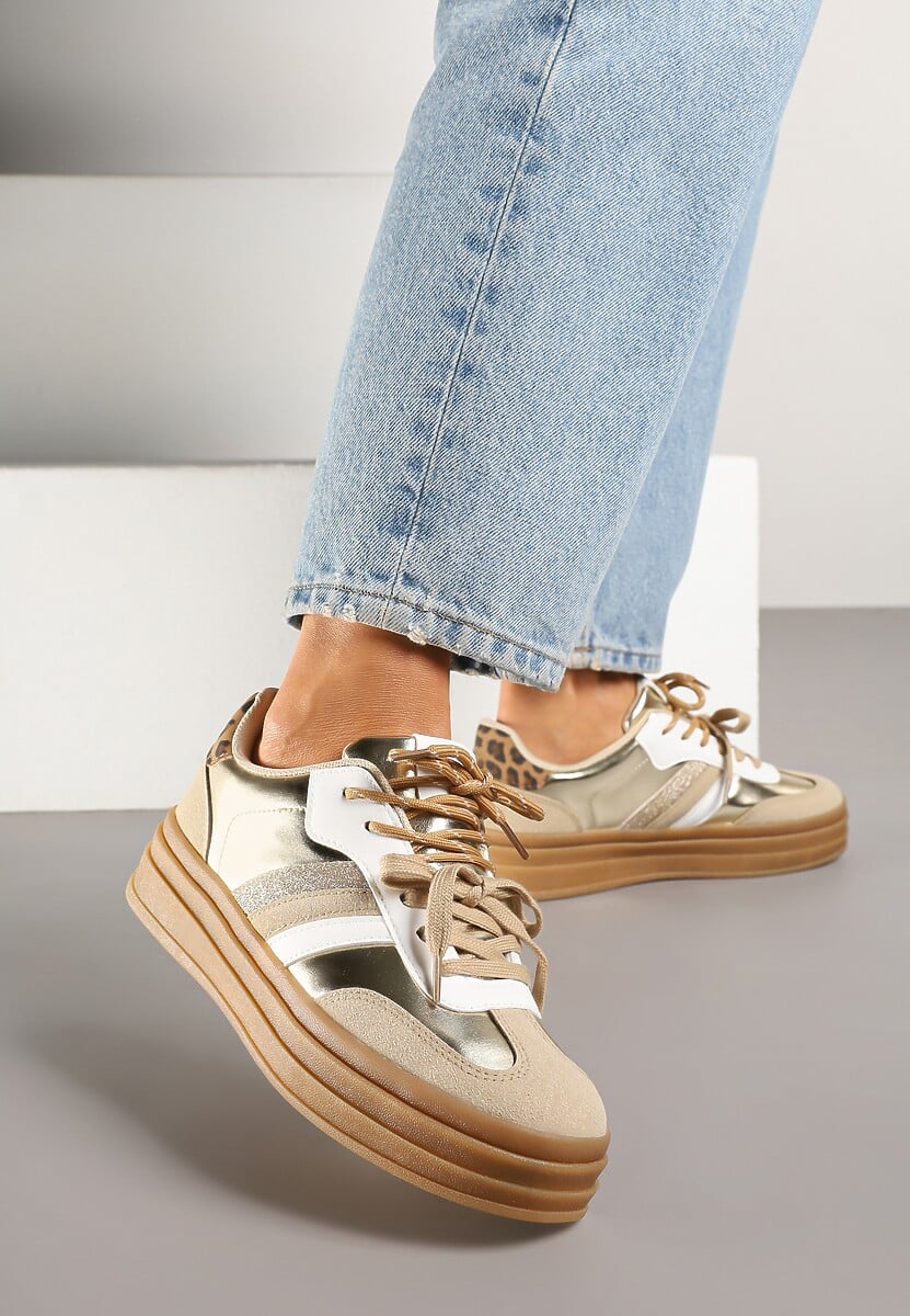 Złote Sneakersy w Stylu Tenisówek Ozdobione Brokatem Teladriena