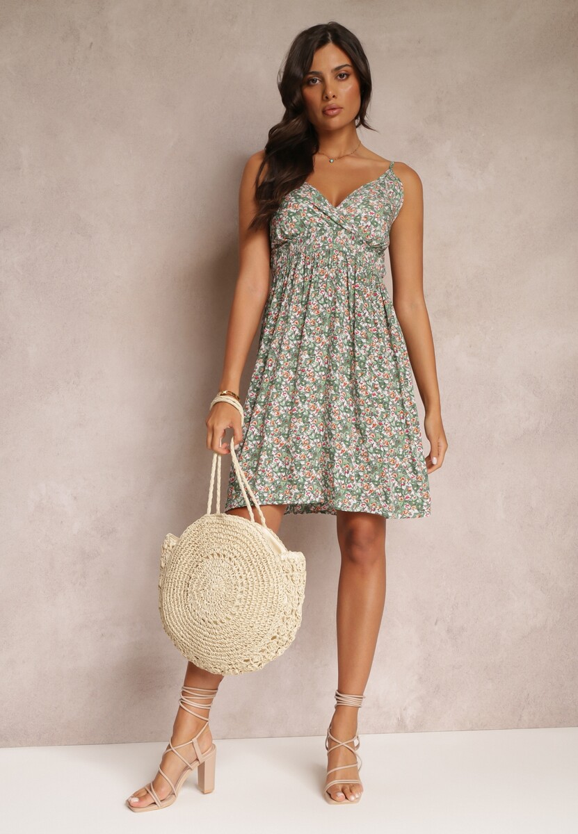 Zielona Kwiecista Sukienka Mini z Gumką w Talii i Głębokim Dekoltem z Bawełny Isabellis