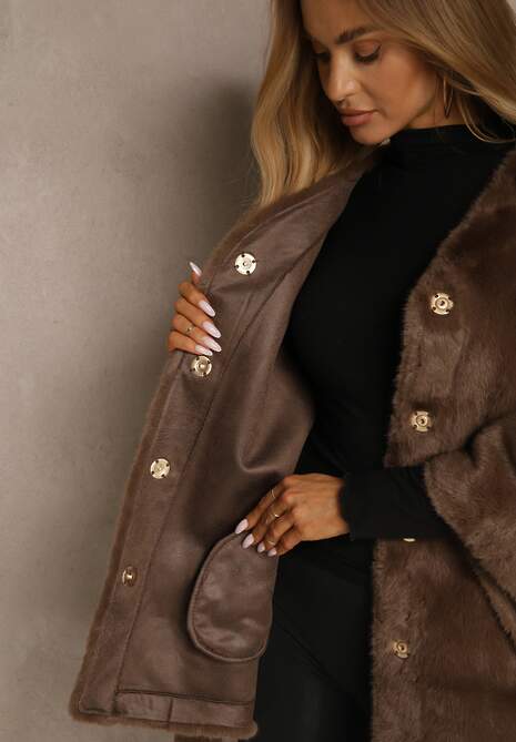 Brązowe Futerkowe Ponczo Ozdobione Paskiem Monareva