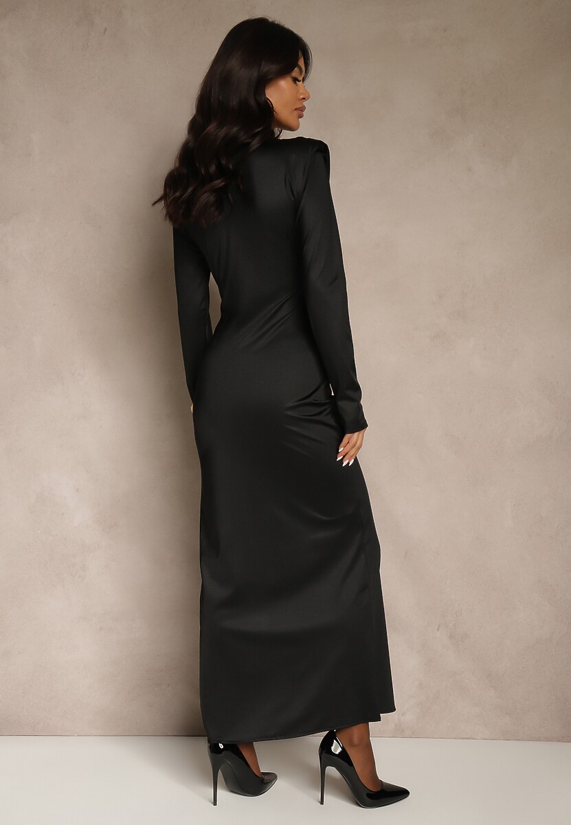 Czarna Koktajlowa Sukienka z Rozcięciem na Nogę Zdobiona Trenem Atirga
