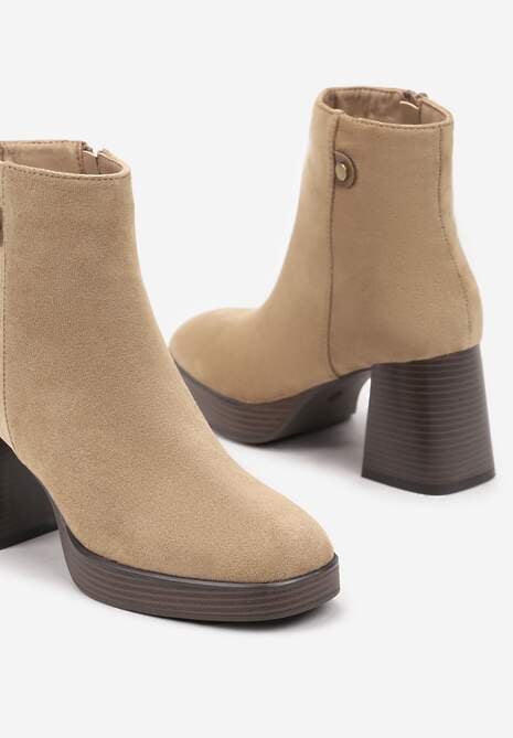 Ciemnobeżowe Ocieplane Botki na Słupku Irissaura