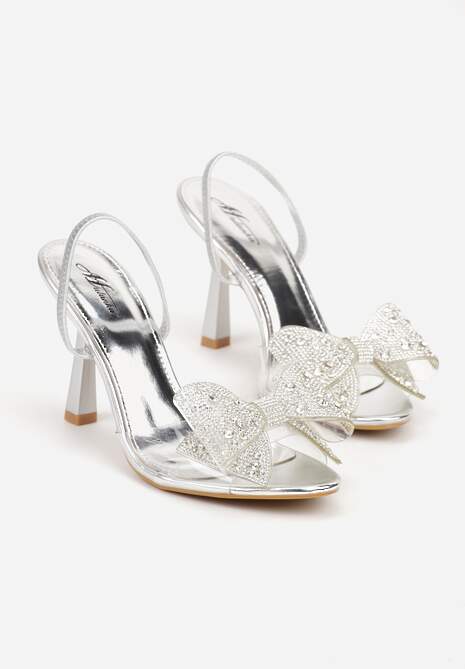 Srebrne Transparentne Sandały na Klepsydrowej Szpilce z Kokardą i Cyrkoniami Feralia