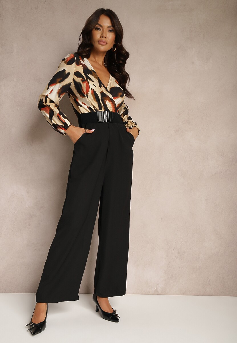 Beżowy Kopertowy Kombinezon z Górą Ozdobioną Abstrakcyjnym Wzorem z Dodatkowym Paskiem Coristina