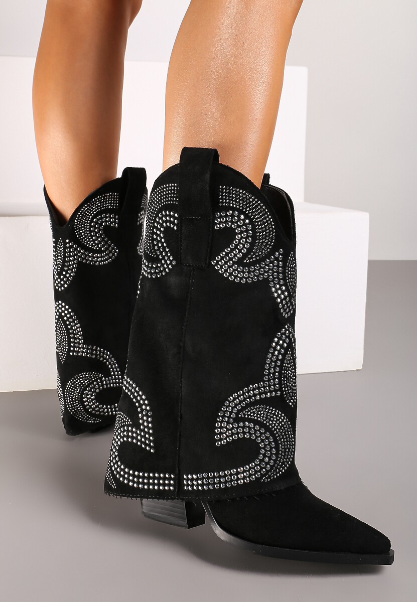 Czarne Botki Kowbojki na Słupku Wykończone Wywiniętą Nogawką z Cyrkoniami Evisya