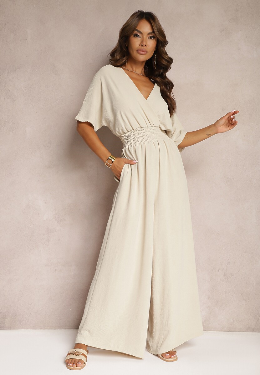 Beżowy Taliowany Kombinezon z Zakładkowym Dekoltem i Gumką w Pasie Vimalynna