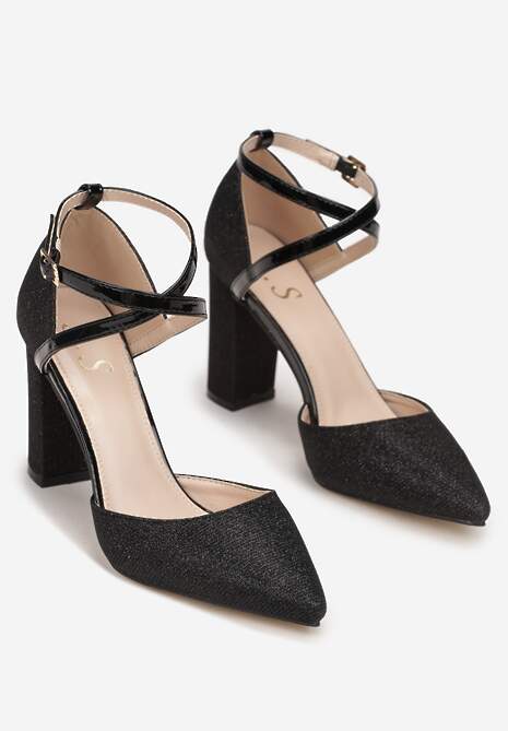 Czarne Brokatowe Czółenka na Słupkowym Obcasie ze Szpiczastym Noskiem Soumaya
