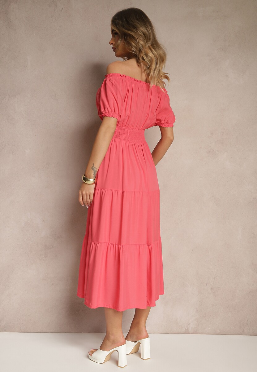 Różowa Rozkloszowana Sukienka z Gumką w Talii i Dekoltem w Kształcie Łódki Miratela