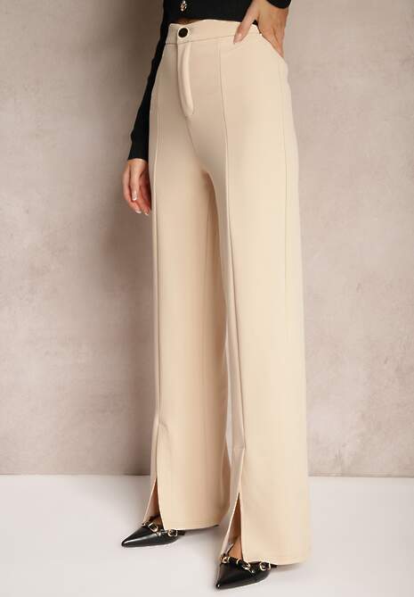 Beżowe Eleganckie Spodnie High Waist o Szerokim Kroju z Wiskozą i Rozcięciami Yurlea