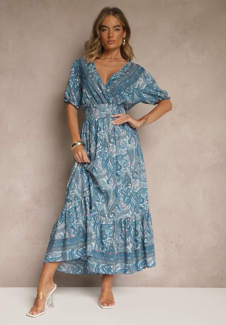 Niebieska Rozkloszowana Sukienka z Bawełny Zdobiona Wzorem Paisley Folitea