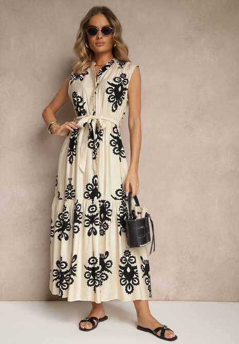 Czarna Wiskozowa Sukienka o Rozkloszowanym Kroju z Wiązanym Paskiem Mirasela