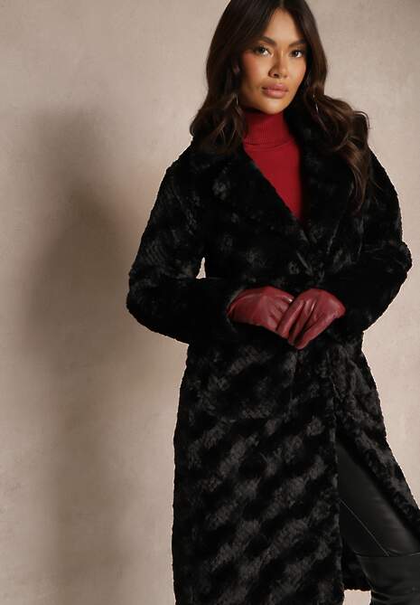 Czarny Futrzany Płaszcz Ozdobiony Pikowaniem i Wsuwanymi Kieszeniami Vertissa