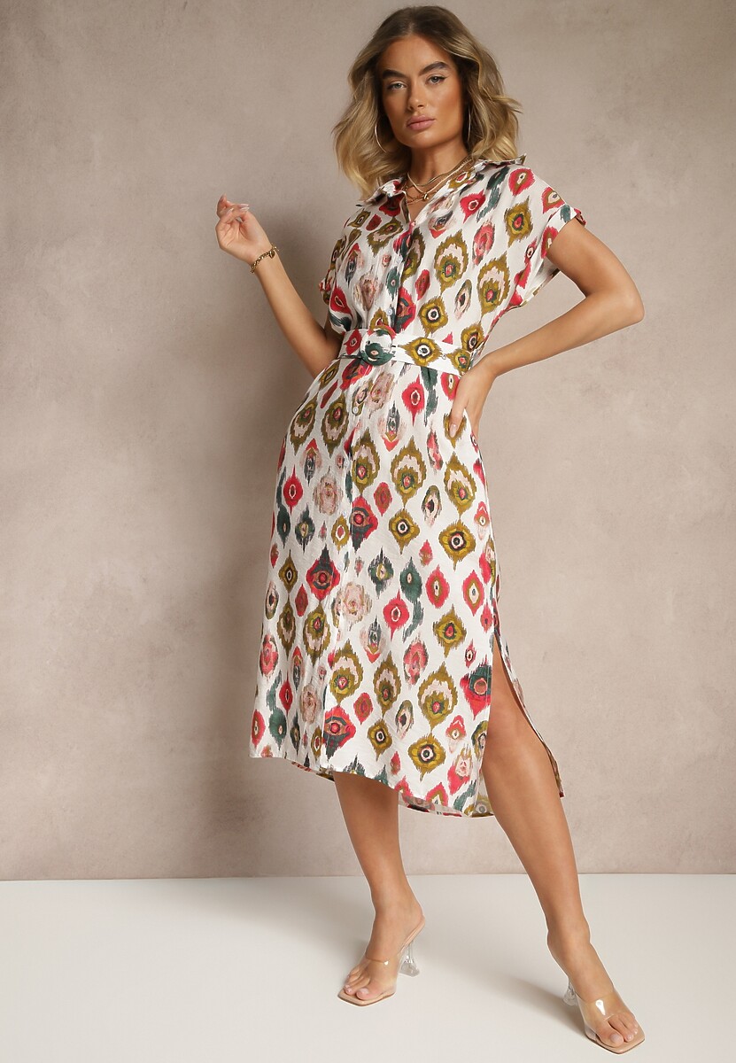 Beżowo-Zielona Sukienka z Wiskozą o Koszulowym Kroju z Paskiem z Klamrą w Etno Print Jenavianea