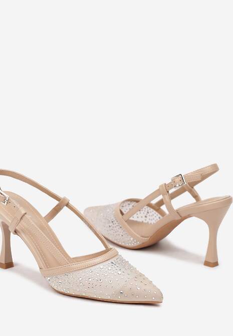 Beżowe Czółenka na Obcasie z Odkrytą Piętą Zdobione Cyrkoniami Jenamia