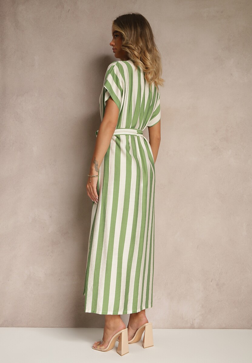 Zielona Pudełkowa Sukienka z Wiskozą z Motywem Pasków i Wiązaniem Lumierae
