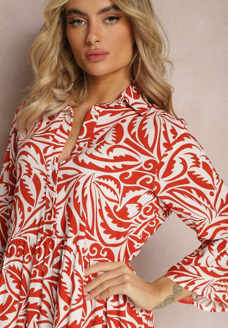 Pomarańczowo-Biała Sukienka Maxi z Falbanką z Guzikami i Orientalnym Wzorem Polka