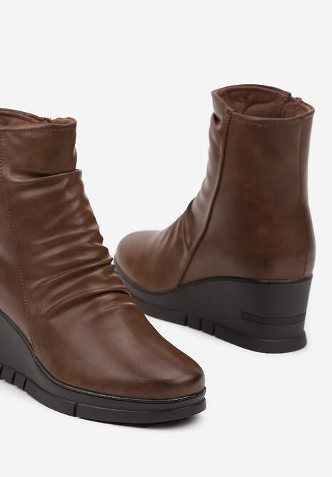 Brązowe Casualowe Botki na Koturnie z Marszczeniem przy Cholewce Itteara