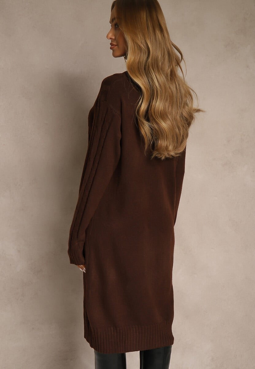 Brązowa Sukienka Sweterkowa z Golfem Wełną  Bawełną i Ozdobnym Splotem Reilenea