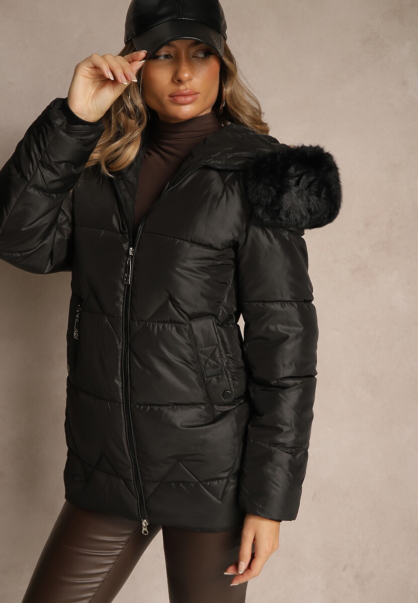 Bordowa Pudełkowa Kurtka z Pikowanymi Przeszyciami i Kapturem z Futerkiem Vebina