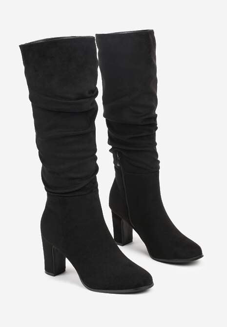 Czarne Kozaki na Słupku w Stylu Slouchy do Kolan Zeriza