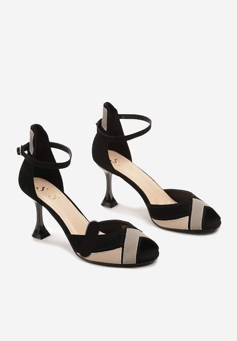 Czarne Geometryczne Sandały w Geometryczny Print na Obcasie Kaczuszce Mirasina