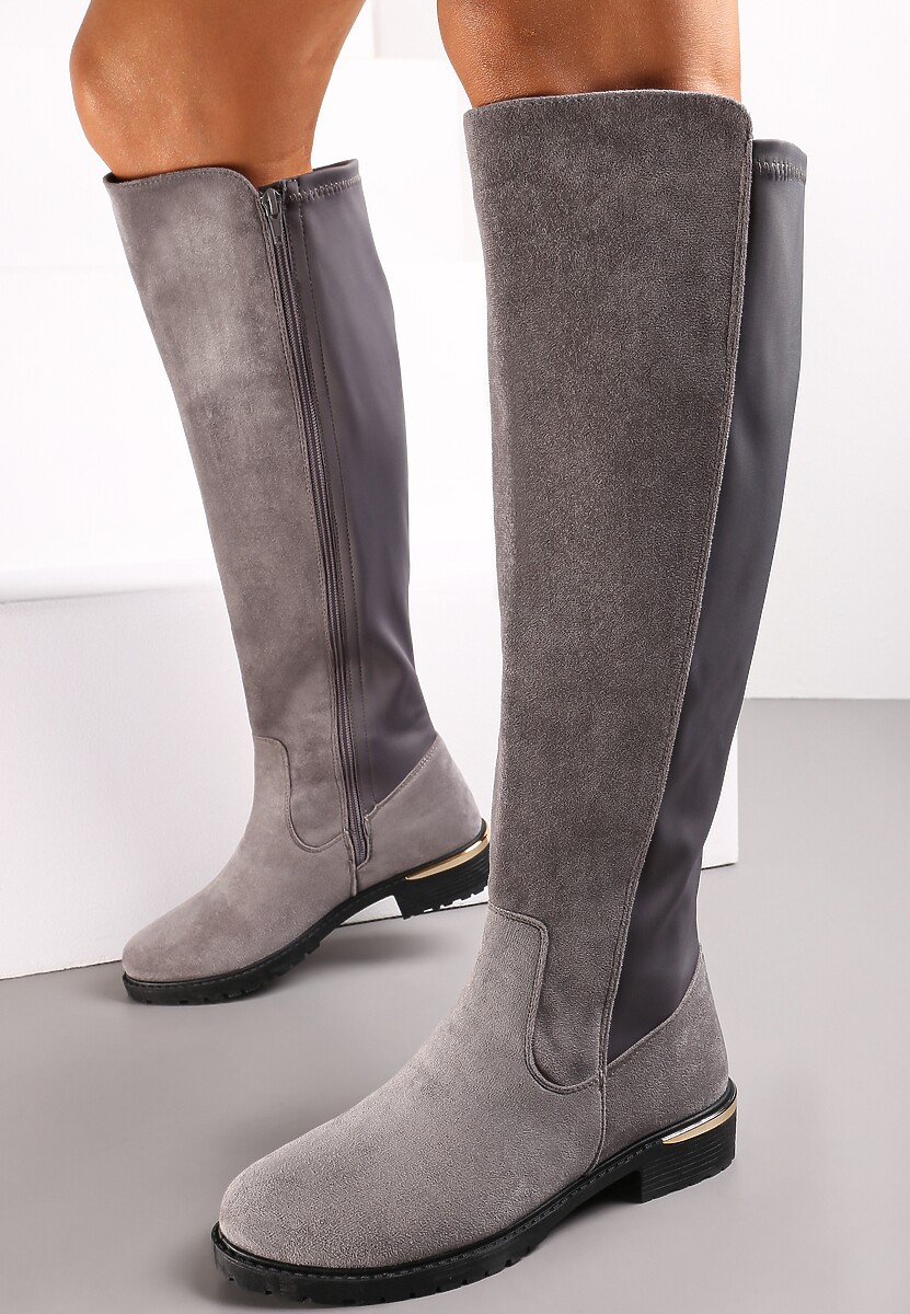 Szare Kozaki na Płaskim Obcasie z Cholewką do Kolana Navella