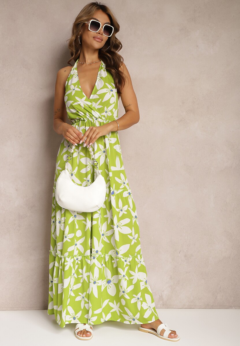 Zielona Sukienka z Kopertowym Dekoltem i Gumką w Talii Wiązana na Szyi Vikillaia