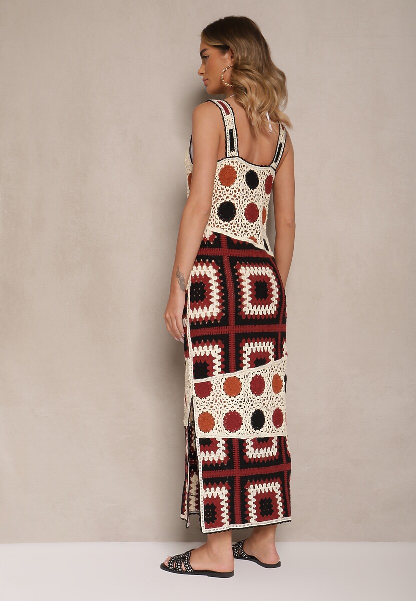 Beżowo-Brązowa Szydełkowa Sukienka z Bawełny o Dopasowanym Fasonie Atenissa