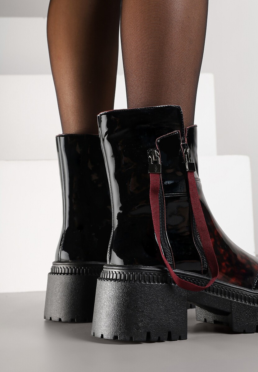 Czarno-Bordowe Botki Lakierowane Vices Ozdobione Tasiemką Rotine