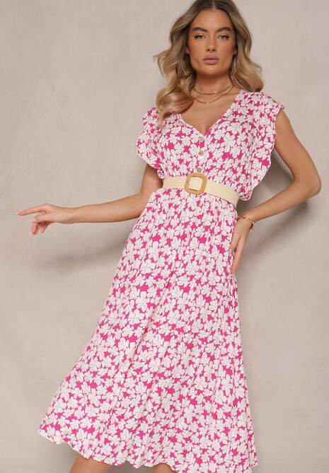 Fuksjowa Rozkloszowana Sukienka z Bawełny w Kwiatowy Wzór z Gumką w Talii Alaniria