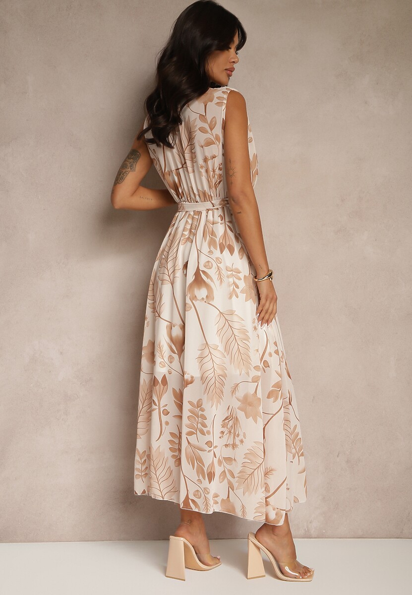 Beżowa Sukienka z Wiskozą z Kopertowym Dekoltem i Wiązanym Paskiem Natisolve