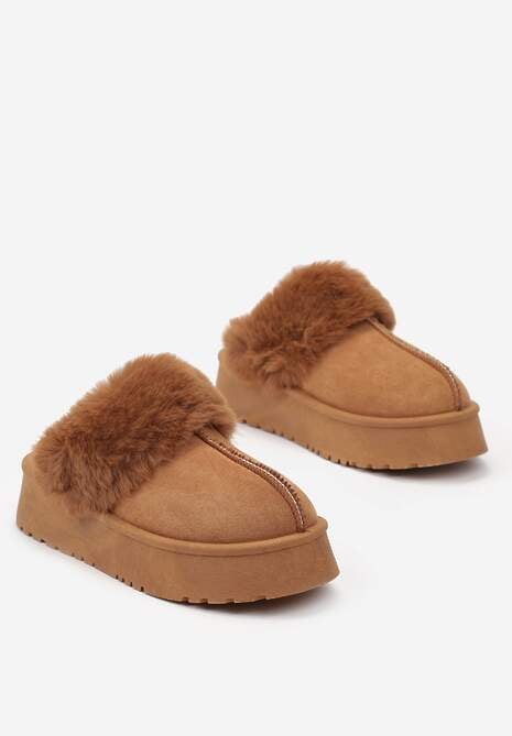 Brązowe Kapcie na Platformie z Ekozamszu z Futerkiem Livorn