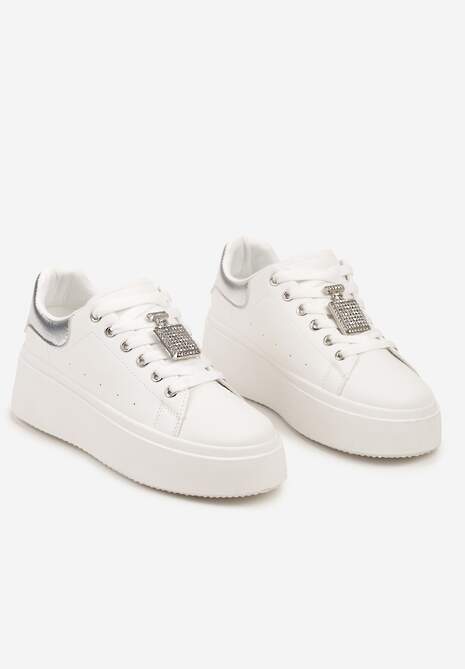 Biało-Srebrne Sneakersy na Platformie Ozdobione Cyrkoniami i Aplikacją 3D Daneria