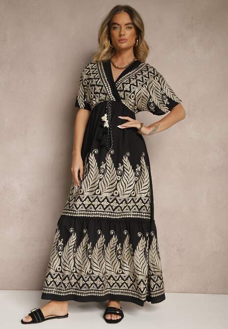 Czarna Wiskozowa Sukienka Boho o Kopertowym Kroju z Metalicznym Haftem Redeselle