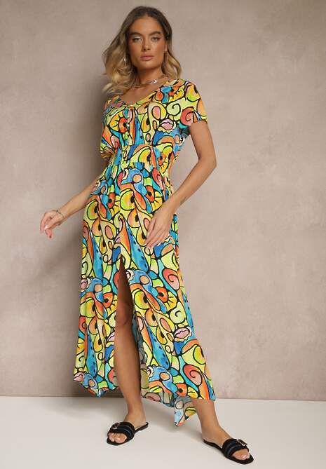 Żółta Sukienka z Bawełny w Abstrakcyjny Wzór Emisienna