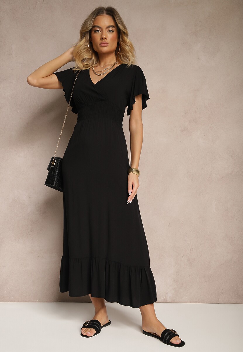 Czarna Rozkloszowana Sukienka z Wiskozy z Kopertowym Dekoltem Rellrive