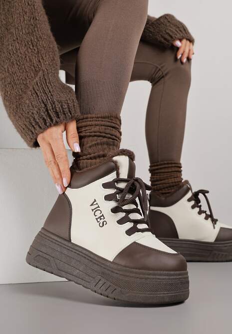 Beżowo-Brązowe Sneakersy na Grubej Podeszwie Mocno Ocieplane Futrem Leavinael