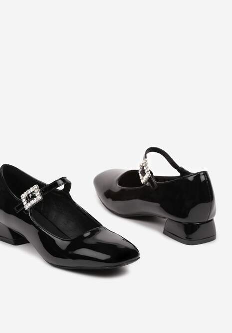 Czarne Czółenka na Niskim Obcasie z Lakierowanym Wykończeniem Zdobione Cyrkoniową Klamrą Lobirae