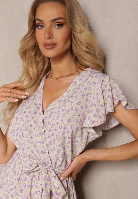 Beżowo-Fioletowa Kwiecista Sukienka z Falbankami z Gumką w Talii i Materiałowym Paskiem Nannesa