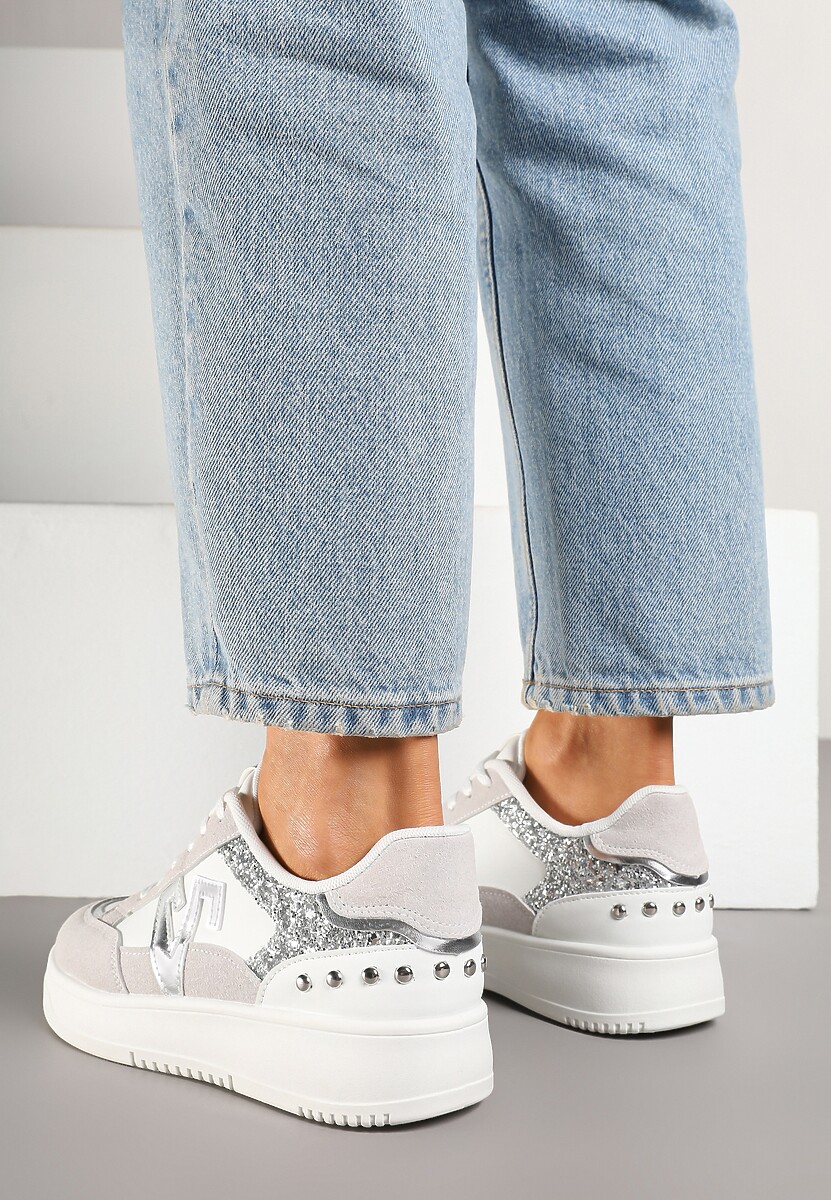Biało-Szare Sneakersy Ozdobione Metalicznymi Aplikacjami i Brokatem Pilliossa