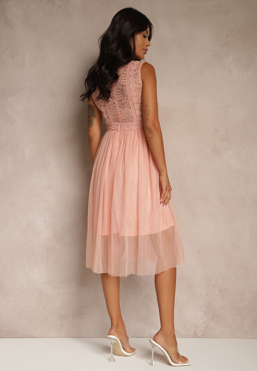 Ciemnoróżowa Koktajlowa Sukienka Midi z Koronkową Górą i Tiulowym Dołem Nebulia