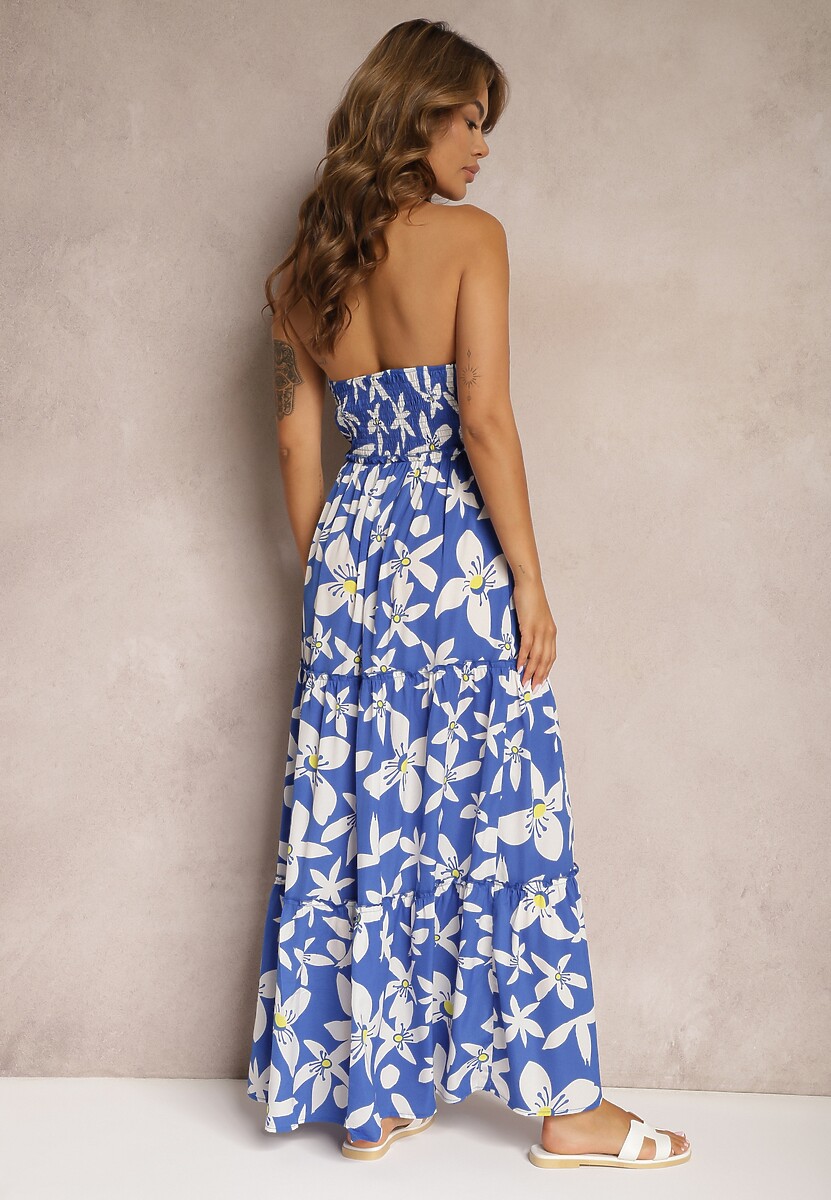 Granatowo-Biała Sukienka z Kopertowym Dekoltem i Gumką w Talii Wiązana na Szyi Vikillaia