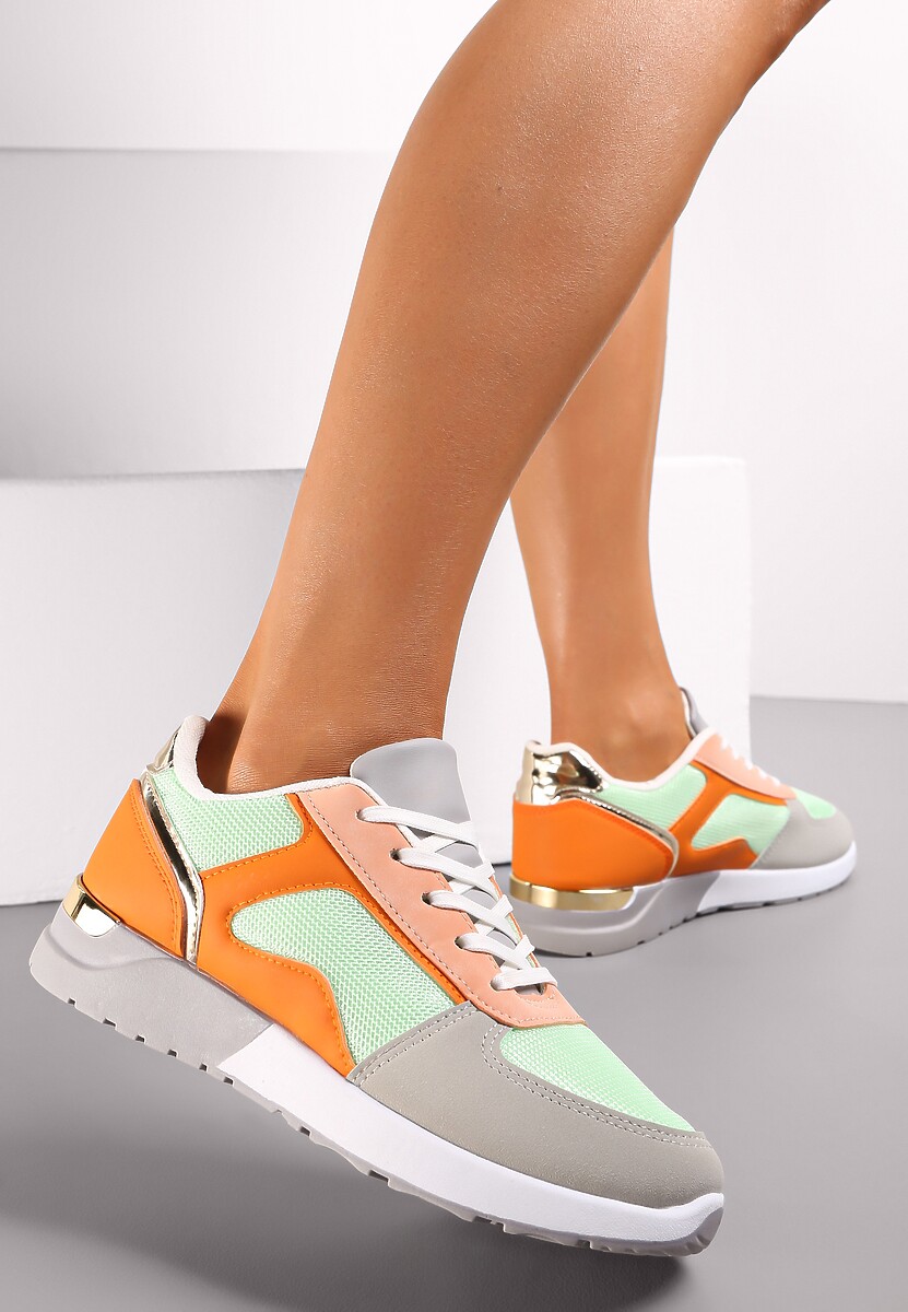 Szaro-Zielone Sneakersy na Grubej Podeszwie z Metaliczną Wstawką Paria