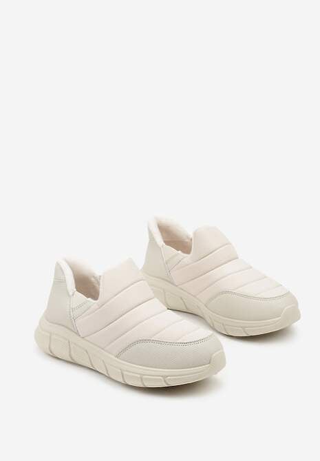 Beżowe Sneakersy Śniegowce na Platformie z Tłoczeniem i Pikowaną Cholewką Vermina