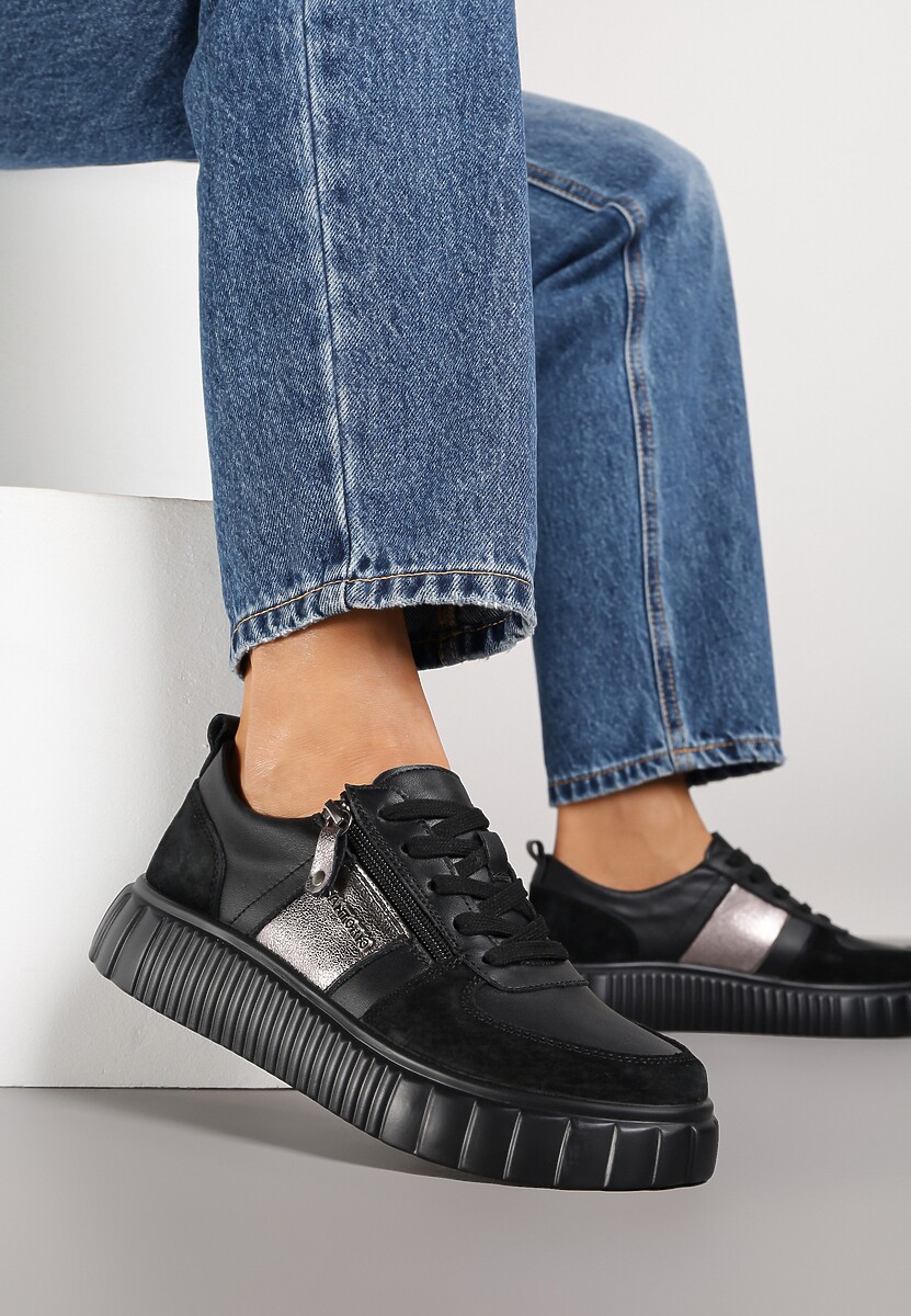 Czarne Sneakersy ze Skóry Naturalnej z Metalicznym Zdobieniem Zorentee