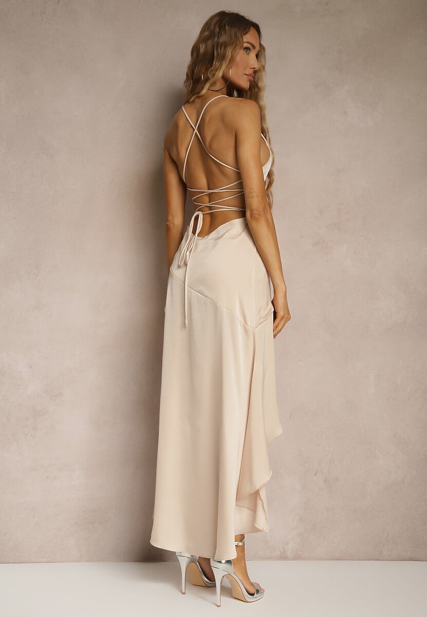 Beżowa Sukienka Vices o Rozkloszowanym Kroju z Odkrytymi Plecami i Gorsetowym Wiązaniem Natiere