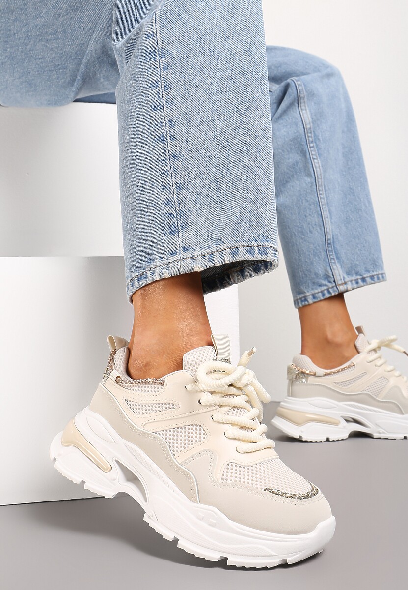 Beżowo-Różowe Sneakersy na Grubej Podeszwie z Siateczką i Błyszczącymi Detalami Xernnia