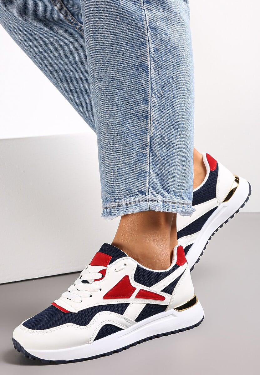 Biało-Granatowe Sznurowane Sneakersy na Płaskiej Podeszwie Salisa