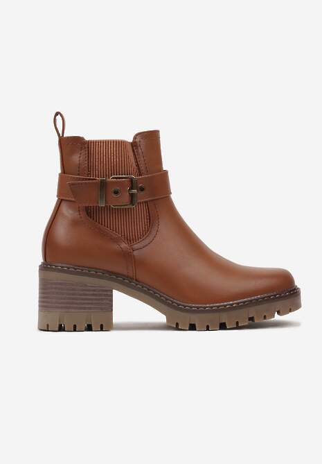 Brązowe Botki Sztyblety na Słupkowym Obcasie z Paskiem z Klamerką przy Cholewce Reanirael