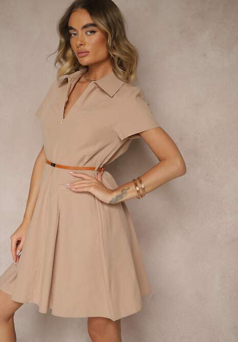 Ciemnobeżowa Sukienka Koszulowa z Cienkim Paskiem w Talii Weolessa