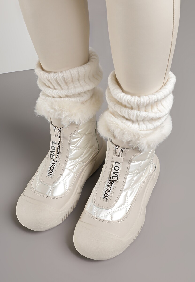 Beżowe Śniegowce Vices na Platformie z Pikowaną Cholewką i Futerkiem Gemitana